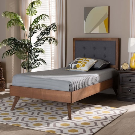 Alida Mid-Century Modern Dark Grey Fabric Upholstered And  Wood Twin Size Platform Bed